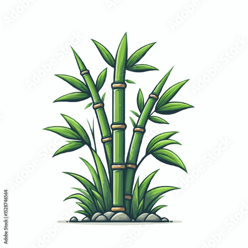 Vector illustration of fresh green bamboo plant leaves and branches isolated on white