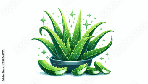 Isolated fresh aloe vera plant with green leaves in a white pot, perfect for herbal botany and garden nature closeups