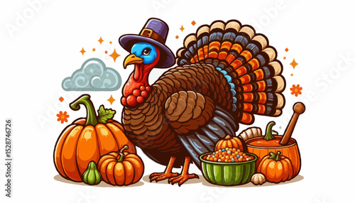 Here's a cute cartoon turkey with a pumpkin, perfect for Thanksgiving, autumn, or fall harvest designs