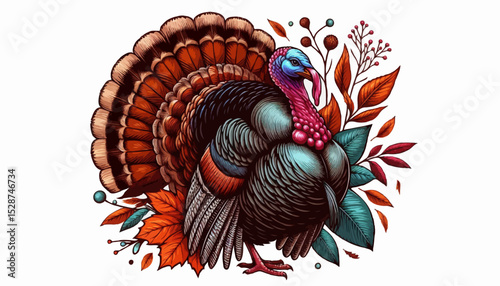 Thanksgiving turkey with a vibrant floral pattern illustration, colorful sun, and spiral bird design