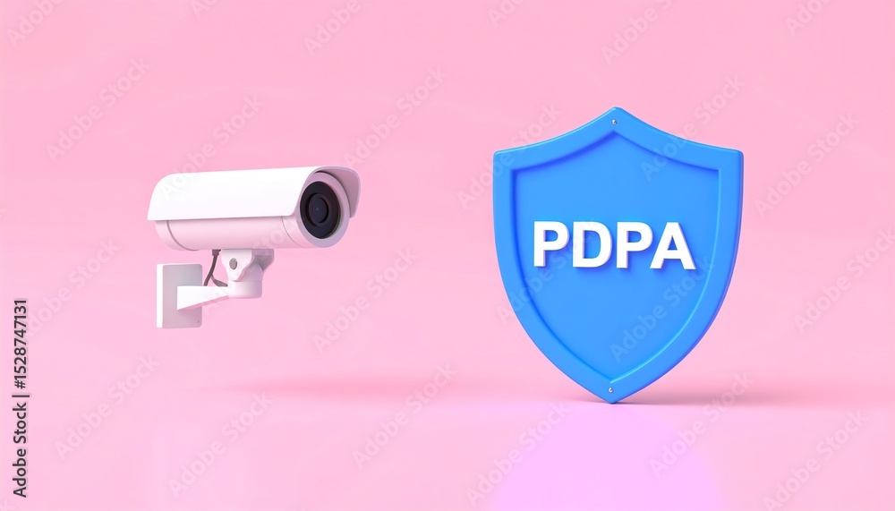 Fototapeta premium Cctv camera with shield and personal data protection text on a pink background representing security measures
