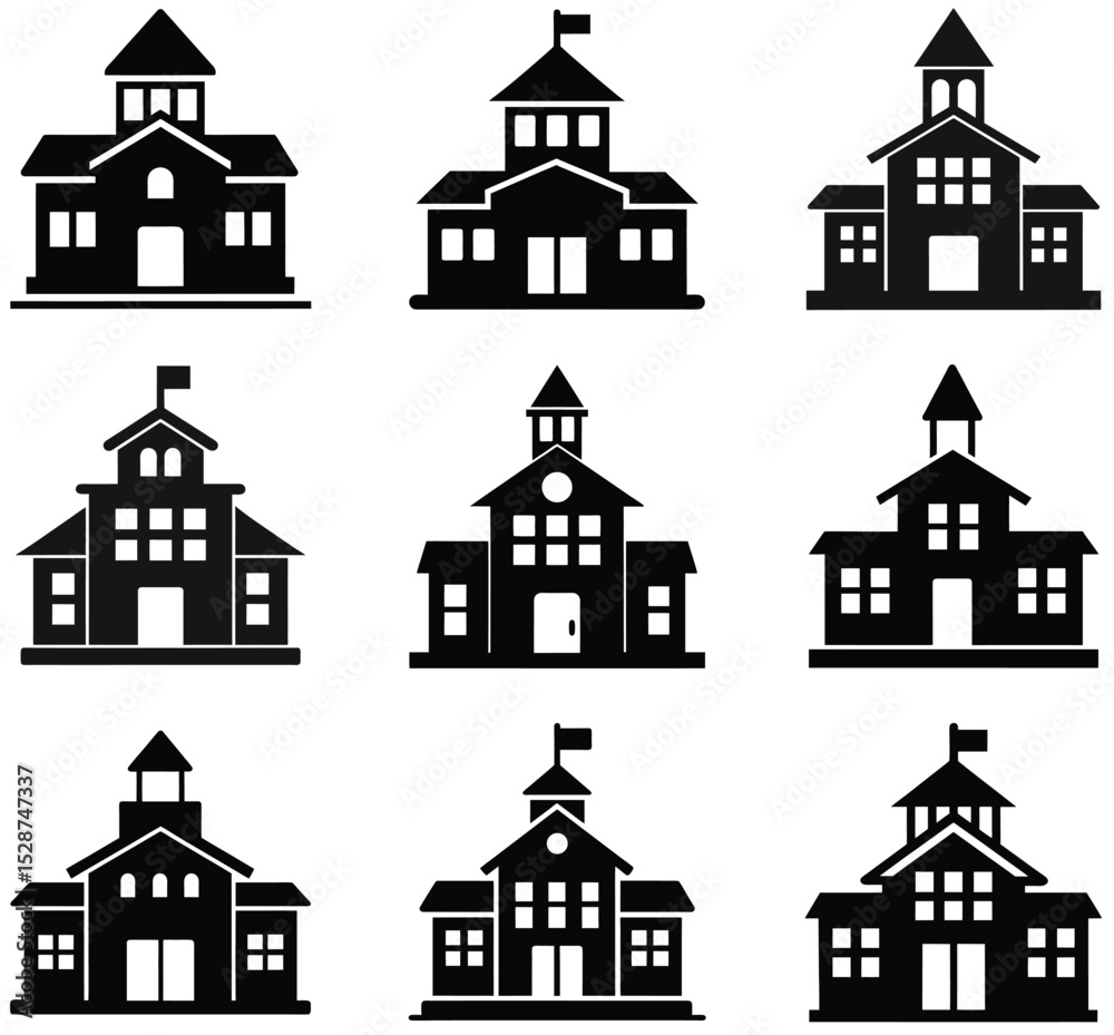 Fototapeta premium Simple Black and White School Building Icons Set