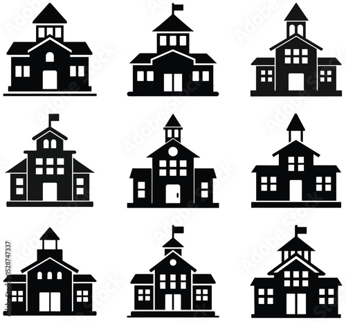 Simple Black and White School Building Icons Set