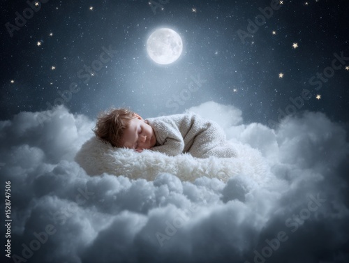 A Peaceful Baby Sleeping Comfortably on a Soft Cloud Surrounded by a Starry Night Sky Evoking Calmness and Dreamy Serenity in a Magical Atmosphere