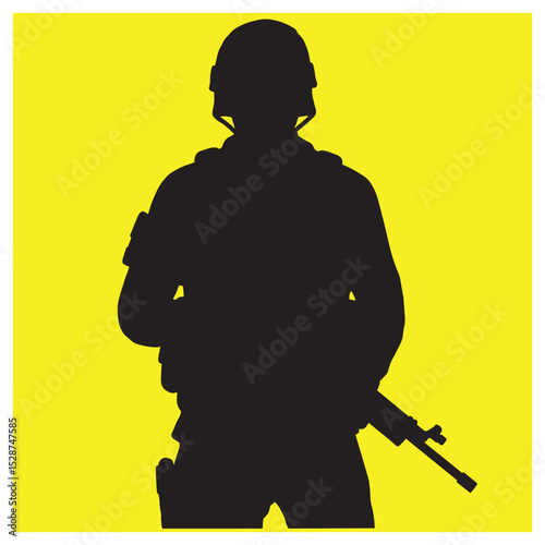 Silhouette of armed soldier in uniform against a bold yellow background