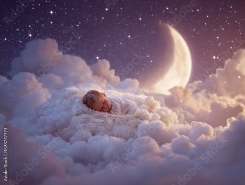 Dreamy Baby Nestled in Soft Cloud Surrounded by Gentle Moonlight Creating a Tranquil and Whimsical Nighttime Scene Full of Peace and Innocence