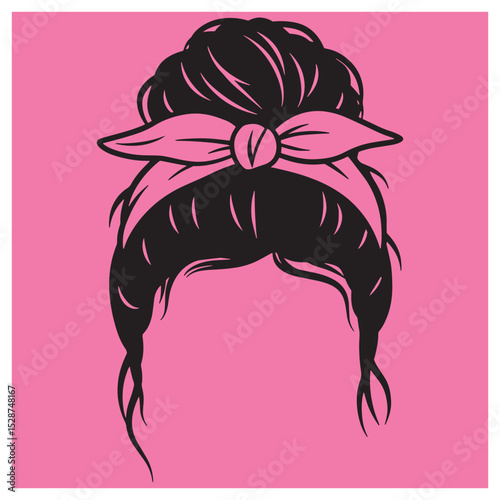 Stylish black hair in a messy bun with a pink bandana on a bold pink background