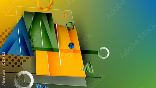 Abstract geometric composition. Shapes overlap, creating dynamic visual effect. Colors blend, forming gradient background. Modern design elements present.