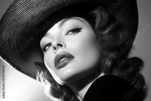 Hollywood Glamor. Attractive Caucasian Lady with 1940s and 1950s Fashion in Black and White Portrait