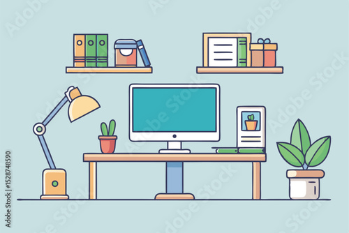 Minimalist Home Office Desk Setup With Computer and Green Office Plants