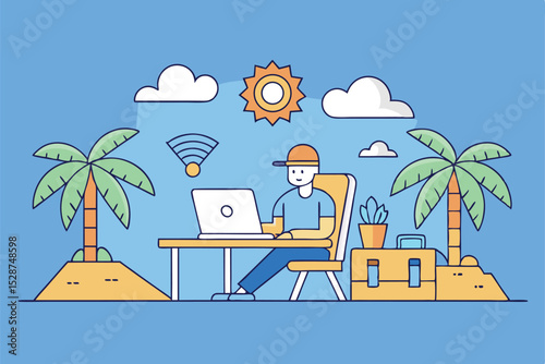 Illustration of a remote worker using a laptop in a tropical setting with palm trees, sunny weather, and suitcase, ideal for concepts of remote work, digital nomad lifestyle, and work-life balance.