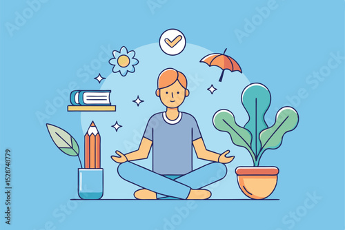 An illustration of a peaceful scene showing a person meditating among books, greenery, and soothing decor—highlighting mindfulness, calm, and minimalist positivity.
