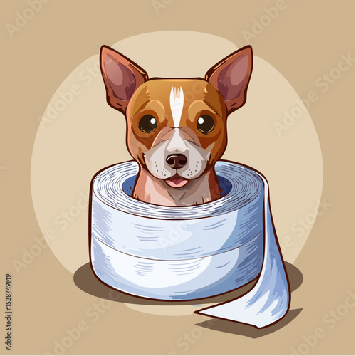 A small cartoon dog wrapped in a roll of toilet paper, looking playful and slightly guilty in a fun, clean style