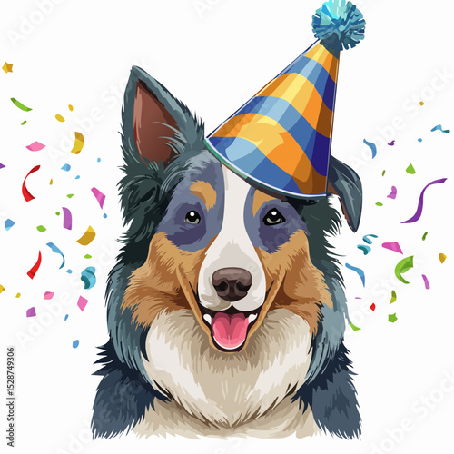 A cheerful cartoon dog wearing a birthday party hat, surrounded by confetti and balloons in a fun celebration scene.