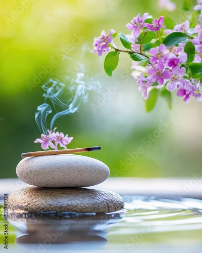 A tranquil setting with blooming flowers, incense smoke, and stones, promoting relaxation and meditation in a serene ambiance.