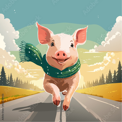 A happy cartoon piglet wearing a scarf, running down a scenic road through the countryside on a sunny day.