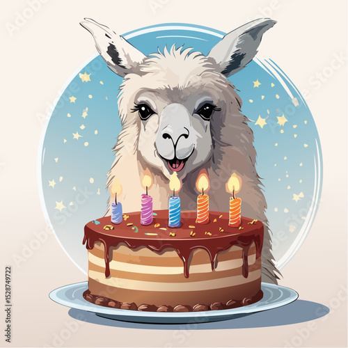 A happy cartoon llama celebrating a birthday with a decorated cake topped with candles and festive details.