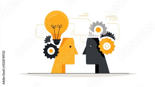 Vector Illustration: Gear-Constructed Human Heads with Light Bulb Core Design