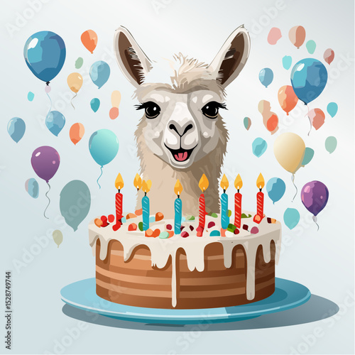 A happy cartoon llama celebrating a birthday with a decorated cake topped with candles and festive details.
