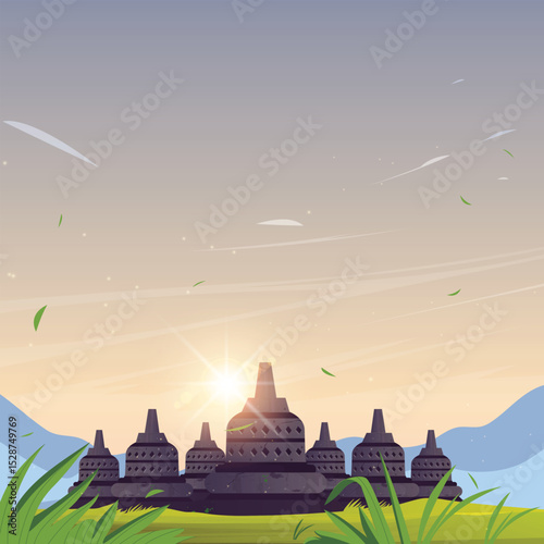 Illustration of Borobudur temple view with beautiful scenery