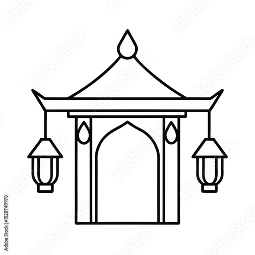 Asian style pavilion line drawing with hanging lanterns