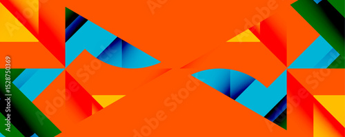 Abstract geometric shapes, vibrant colors dominate composition. Orange background contrasts with blue, red, green, yellow elements. Modern design.