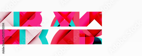 Abstract geometric shapes, vibrant pinks, turquoise hues. Overlapping layers create dynamic visual texture. Minimalist design, clean background.