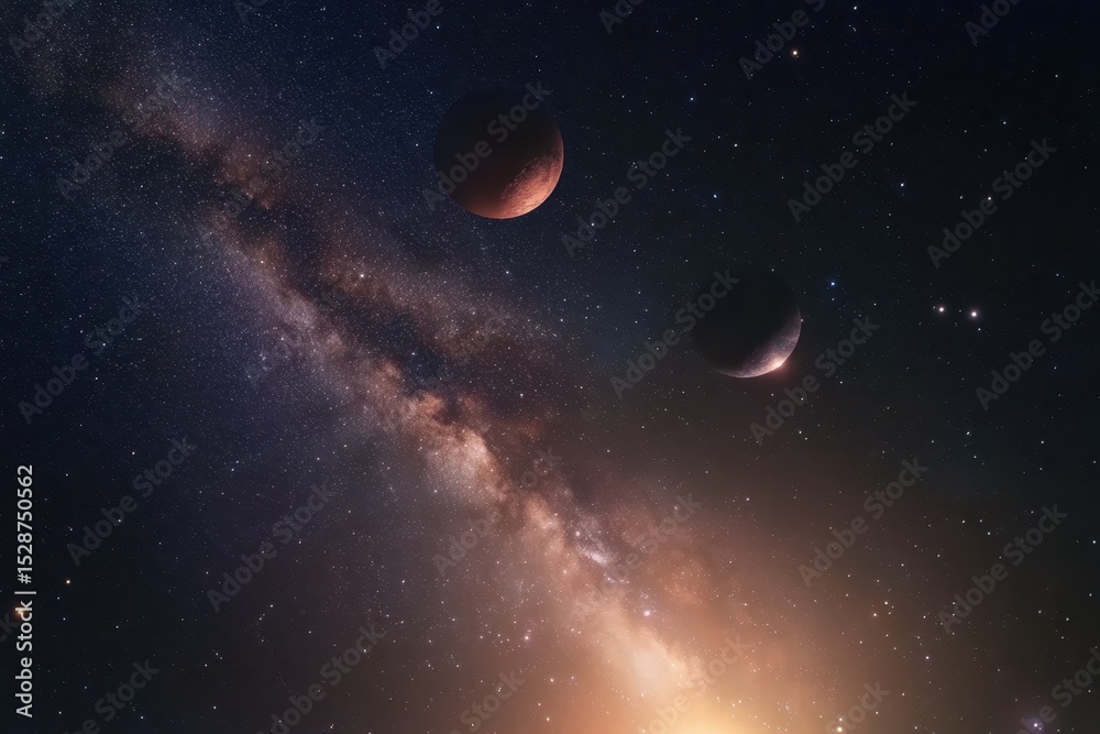 Obraz premium Majestic view of planets and the Milky Way in the expansive starry night sky, Planets and the Milky Way in the deep starry sky, flying in the nebula of the universe