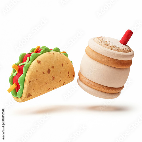 Floating taco and milkshake on white background representing fast food combo
