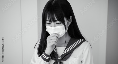 白黒画像。学校内で、マスクをしているロングヘアーのセーラー服姿の女子高生