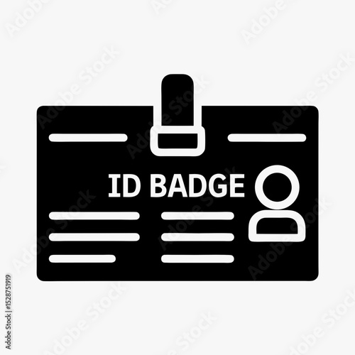 ID badge icon in black and white, identification card with profile silhouette and text lines, personal information symbol