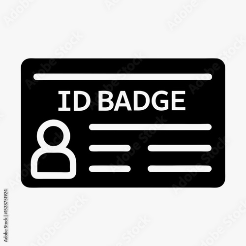 ID badge icon in black and white, identification card with profile silhouette and text lines, personal information symbol