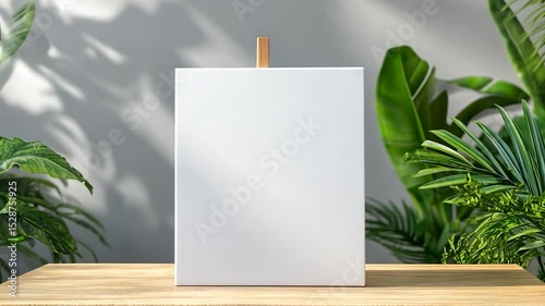 Minimalist white box display framed by lush tropical greenery on light wood surface