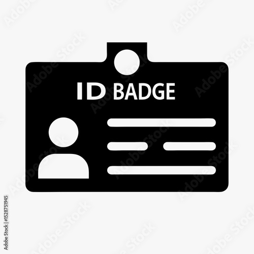 ID badge icon in black and white, identification card with profile silhouette and text lines, personal information symbol
