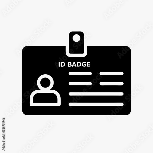 ID badge icon in black and white, identification card with profile silhouette and text lines, personal information symbol