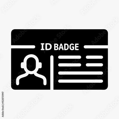 ID badge icon in black and white, identification card with profile silhouette and text lines, personal information symbol
