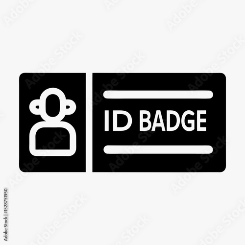 ID badge icon in black and white, identification card with profile silhouette and text lines, personal information symbol