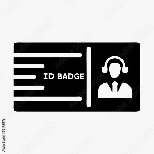 ID badge icon in black and white, identification card with profile silhouette and text lines, personal information symbol