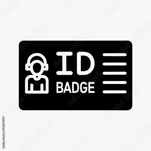ID badge icon in black and white, identification card with profile silhouette and text lines, personal information symbol