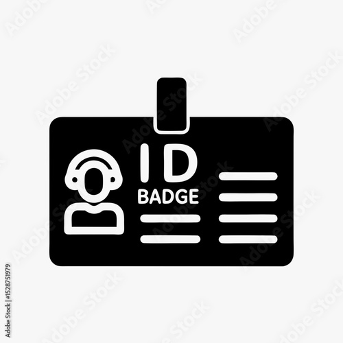 ID badge icon in black and white, identification card with profile silhouette and text lines, personal information symbol