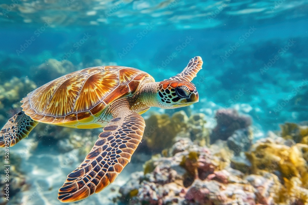 Obraz premium Turtle gracefully swimming through crystal clear ocean waters near vibrant coral reefs, turtle swimming in the ocean