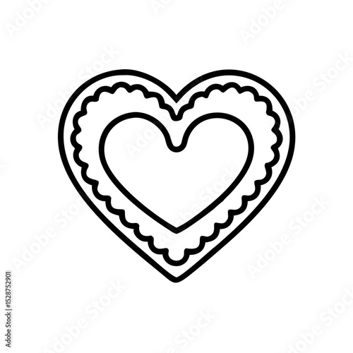 Heart-shaped gingerbread in outline style, black and white