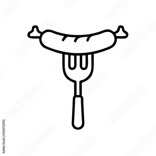 Sausage on fork in outline style, black and white, Oktoberfest snack icon