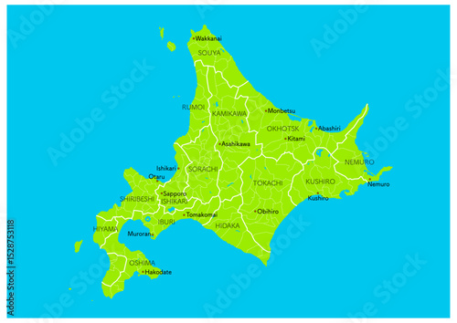【英語】日本の北海道の主な都市など地名付の地図（市町村や地域区分を線で描いている地図）
