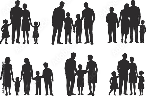 Family silhouettes bundle, parents and children together, holding hands, black figures, vector illustration, unity, love, parenting, lifestyle, bonding moments