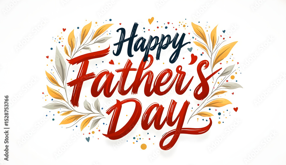 Obraz premium Elegant Happy Father’s Day typography with floral wreath, soft colors, and heart accents. Perfect for greeting cards, posters, social media, and celebration graphics. Warm, festive, and stylish
