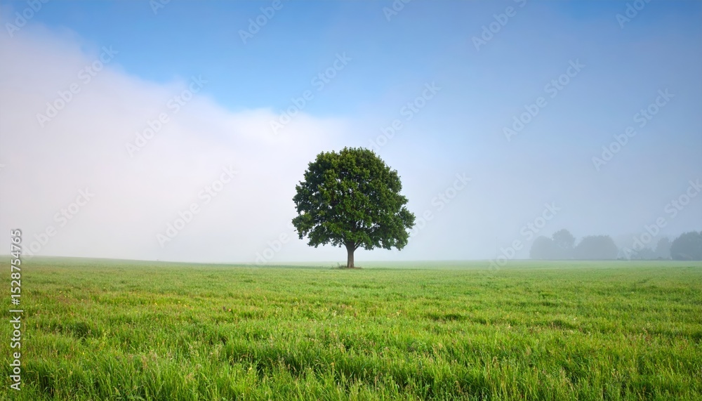 Obraz premium solitary tree in summer fog and mist on the field