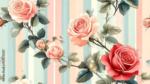 A seamless pattern of vintage roses scattered over pastel multicolor vertical stripes, viewed in full-frame. Graphic yet soft. Created Using: vector art, seamless tiling, pastel theme, soft outlines,