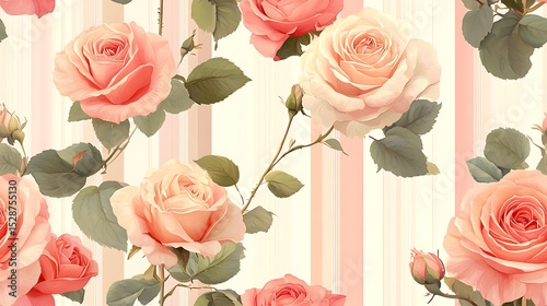 A seamless pattern of vintage roses scattered over pastel multicolor vertical stripes, viewed in full-frame. Graphic yet soft. Created Using: vector art, seamless tiling, pastel theme, soft outlines,