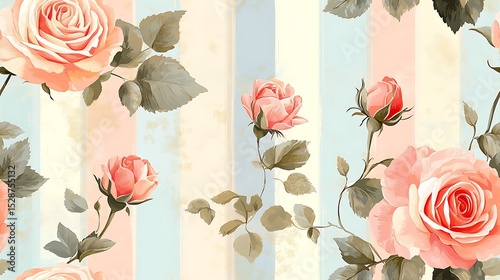 A seamless pattern of vintage roses scattered over pastel multicolor vertical stripes, viewed in full-frame. Graphic yet soft. Created Using: vector art, seamless tiling, pastel theme, soft outlines,